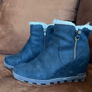 Yellow Box Black Faux-Suede Wedge Ankle Boots with White Faux-Fur Trim